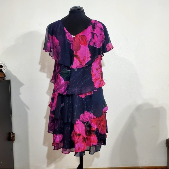 Dresses & Skirts - SLNY Womens Floral Flutter Party Sheath Chiffon Dress Black Red Pink Purple 14